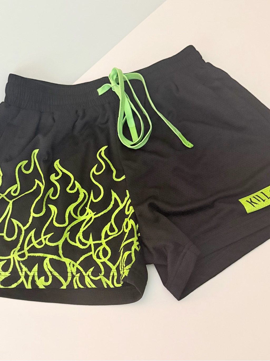 Kill Crew Muay Thai Flame Shorts (Mid Thigh Cut) - Black / Neon Green, Large — image 2 of 7